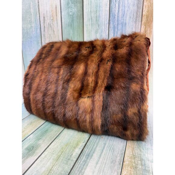 Mink Muff Vintage Fur Hand Warmer Inside Pocket Brown Fur Purse Wristlet 1940's - Picture 8 of 10